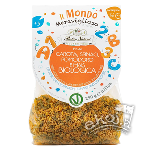 Makaron kukurydziany trójkolorowy literki i cyferki bezglutenowy BIO 250g Pasta Natura